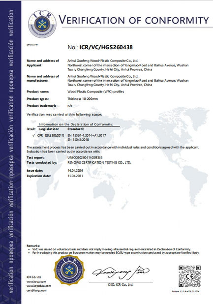 Κίνα AnHui Guofeng Wood-Plastic Composite Co., Ltd Πιστοποιήσεις